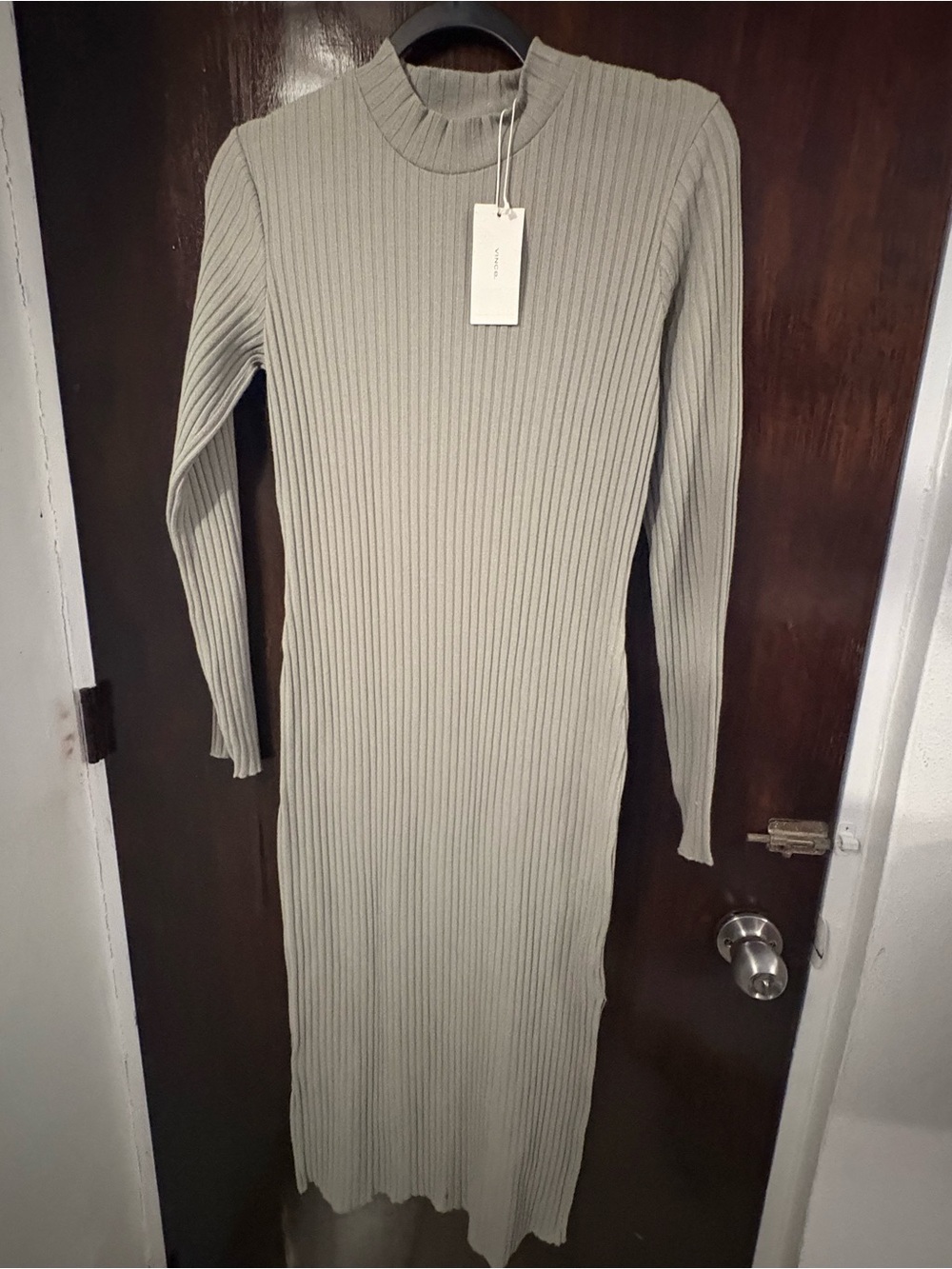NWT Vince Sage Green Ribbed Long-Sleeve Midi Dress. Size Small.